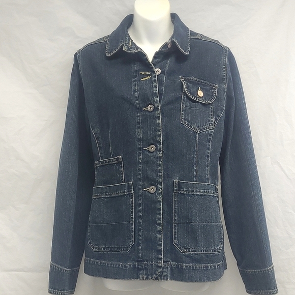 IE Designed Denim Jacket blue jean pockets dark wash button tailored - Picture 1 of 10
